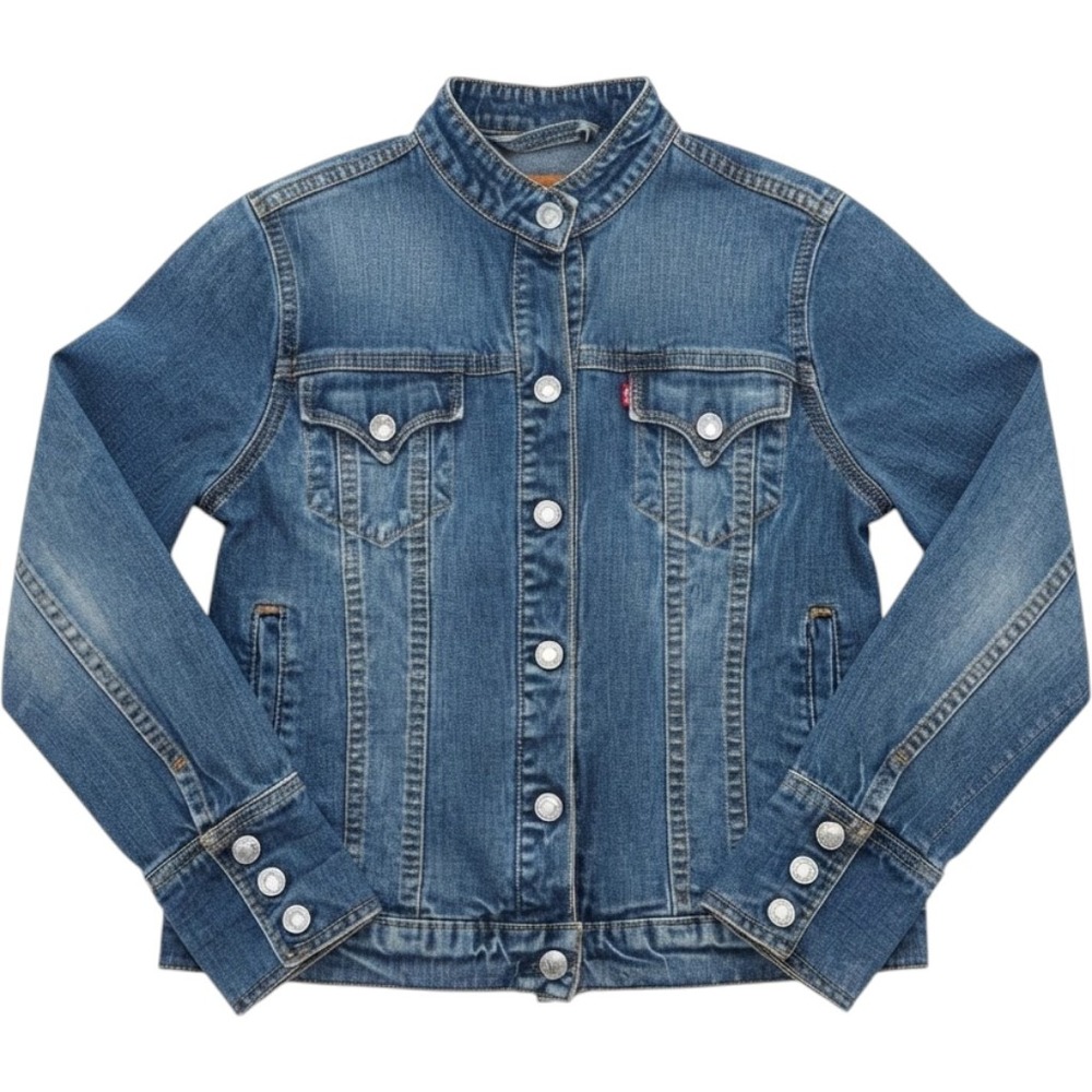 Levi's Womens Denim Trucker Jacket Medium Wash Mandarin Collar Small Petite